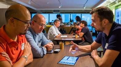 Three people talking over a table