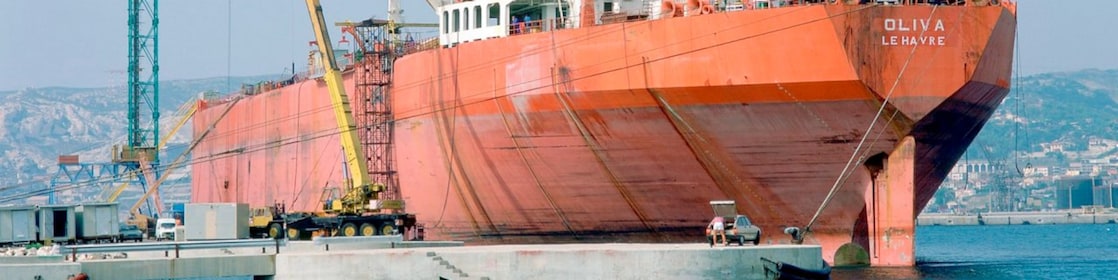 Cargo ship docked at a terminal