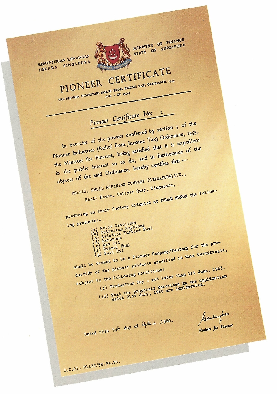 1960 Shell awarded Pioneer Certificate No.1