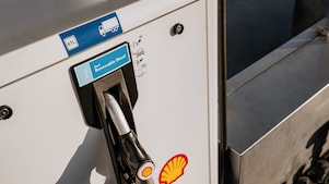 Shell Renewable Diesel fuel pump nozzle at a filling station.