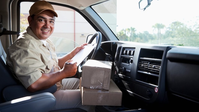 Hispanic man (40s) in commercial van delivering packages.