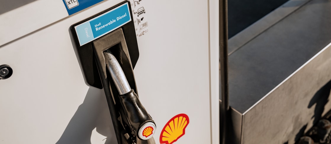 Shell Renewable Diesel fuel pump nozzle at a filling station.