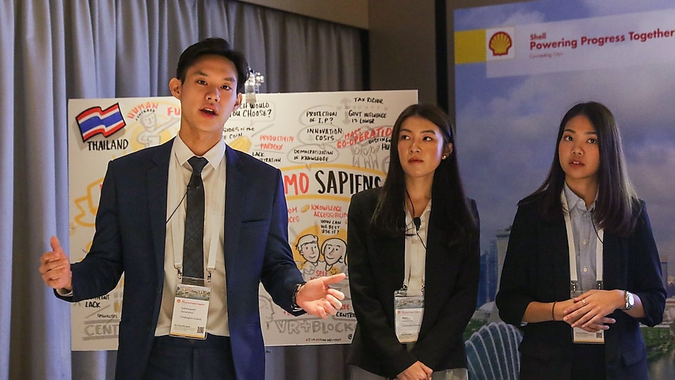 The Thai national team from Chulalongkorn University sharing their scenarios of two possible futures at the Powering Progress Together Forum.