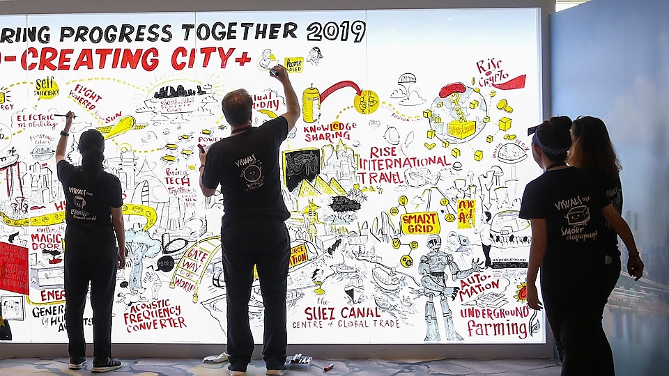 Artists working on the Co-creating City+ mural live at Powering Progress Together 2019.