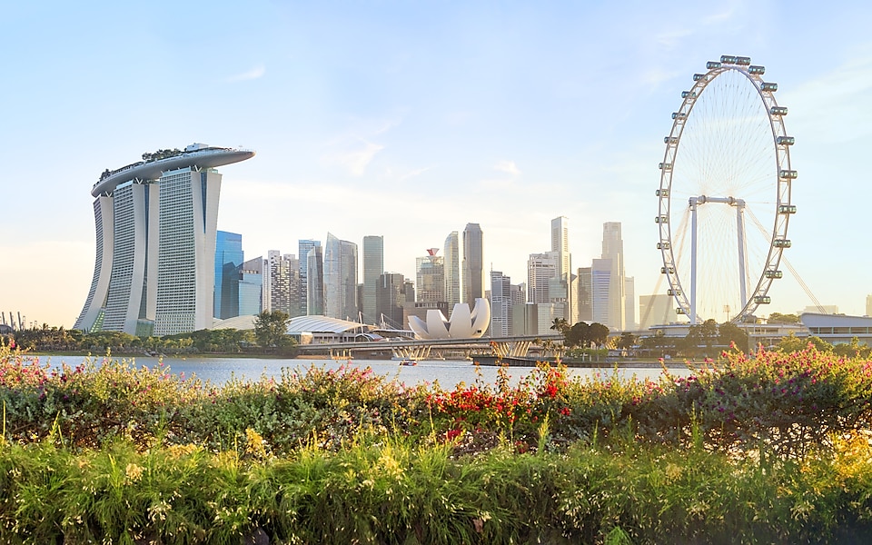 View of Marina Bay from Marina East Singapore with flowers on the foreground.