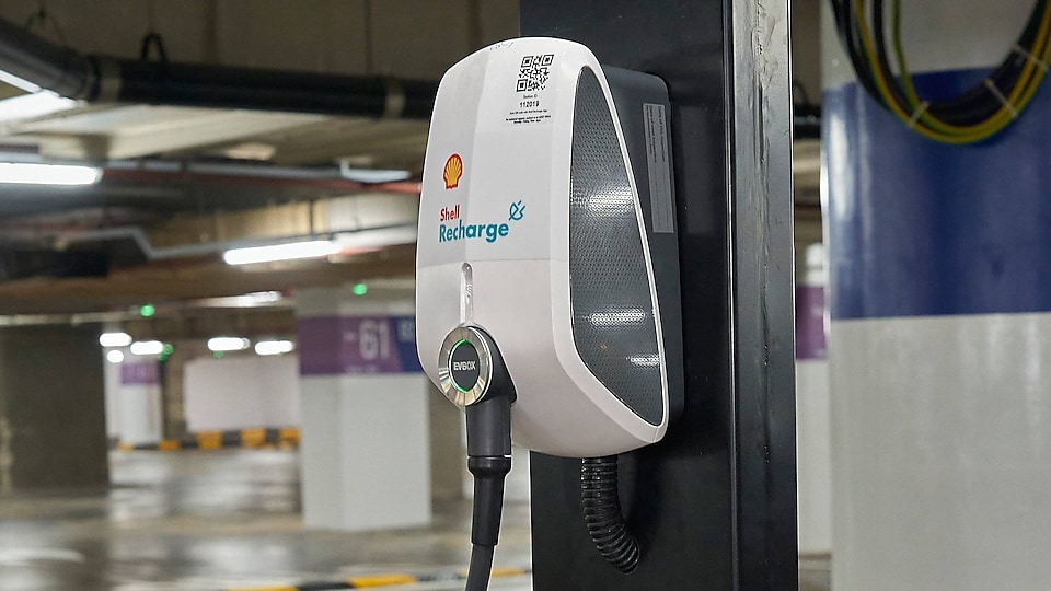 A Shell Recharge AC charger installed in a carpark